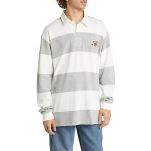 BDG URBAN OUTFITTERS Mens Polo Shirt Medium Grey White Stripe Embroidered NWOT